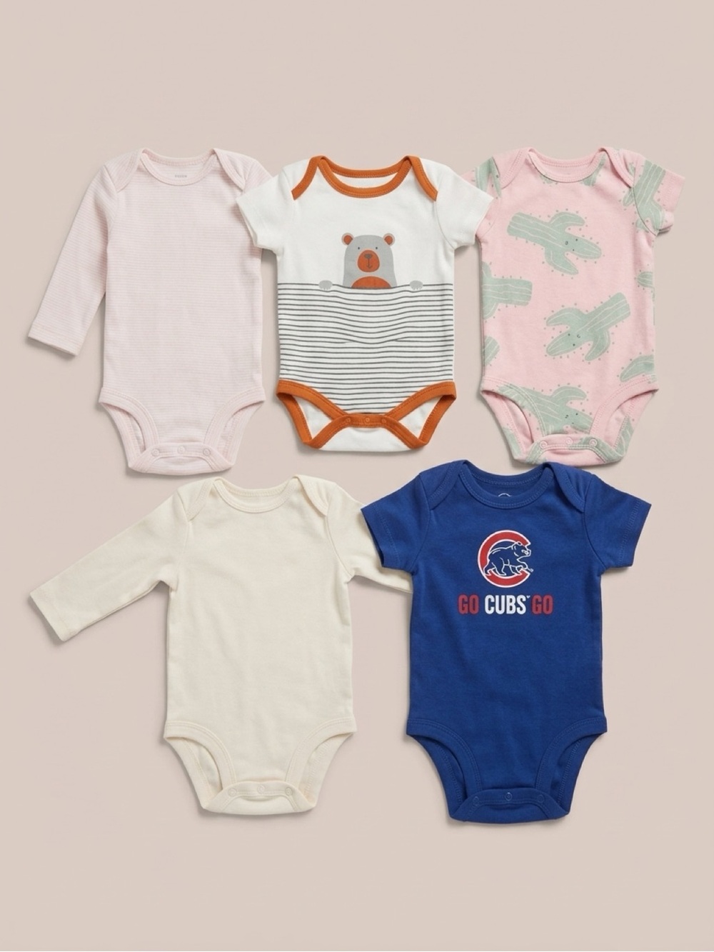 5-Pack Baby One-Piece Bodysuits – Assorted Pink, White, Cream & Blue